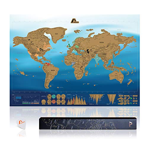 Amazy Mapa Mundi Rascar XXL (Azul | 82 x 59 cm) – Mapa Mundi Pared Grande –aprende países y Cultura – Mapa del Mundo Ideal para el hogar.