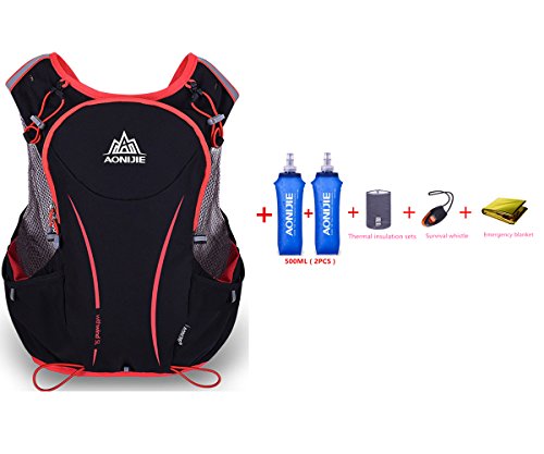 AONIJIE 5L Mochila de nailon impermeable, para maratón, ciclismo, running chaleco, bolsa de deporte + 2 botellas de agua de 500 ml, L/XL