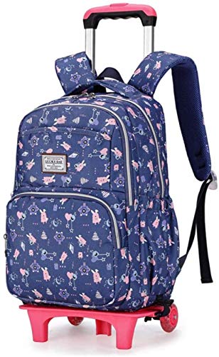 B/H Mochila con Ruedas con Ruedas,Mochila Escolar con Carrito para Estudiantes de Primaria, Arrastre de Mano Impermeable de Gran Capacidad para Estudiantes: Azul Oscuro Dos Rondas