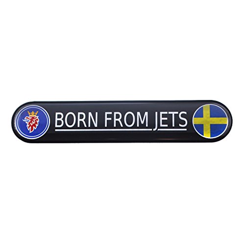 Emblema de Saab BORN FROM JETS a todo color y cromado con el Griffin en azul y la bandera sueca en 3D con parte trasera autoadhesiva