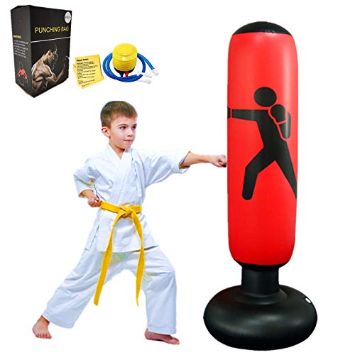 FOYOCER Saco de Boxeo Hinchable de Niños Saco de Arena Inflable de Pie para Practicar Karate MMA Bolsa de Boxeo Fitness para Nniños 61”(Bomba de Aire & Pegatinas de Reparación Incluidas) (Rojo)