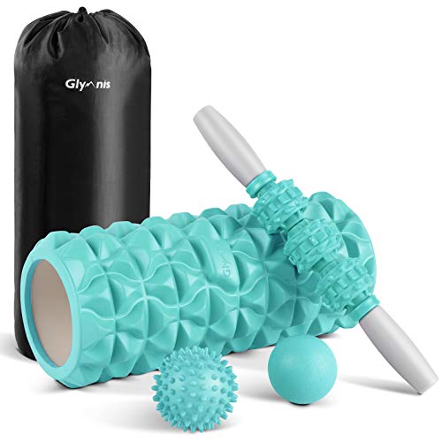 Glymnis Masajes Muscular Rodillo Masaje Kit Foam Roller Set 4 en 1 Rodillo de Espuma Palo de Masaje y 2 Bolas de Masaje para Relajar los músculos y Reducir el Dolor de Todo el Cuerpo Turquesa