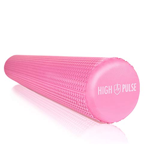 High Pulse Rodillo Pilates (90x15 cm) Póster con Ejercicios + Banda Elástica - Rodillo de espuma para músculos, fitness o masaje (Rosa)