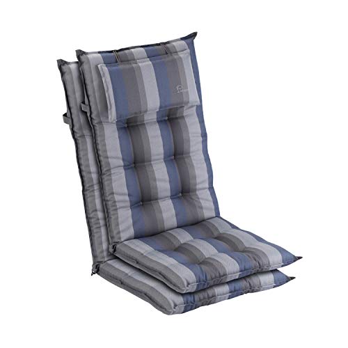 Homeoutfit24 Sylt - Cojín Acolchado para sillas de jardín, Hecho en Europa, Respaldo Alto con cojín de Cabeza extraíble, Resistente Rayos UV, Poliéster, 120 x 50 x 9 cm, 2 Unidades, Azúl/Gris