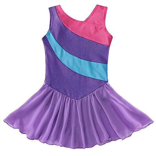 Kidsparadisy - Maillot con falda para niñas de 2 a 15 años, manga larga y sin mangas, con bandas arco iris, para gimnasia, baile y ballet, Infantil, color morado, tamaño 110(3-4T)