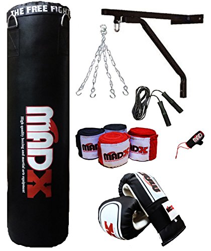 MADX - Juego de boxeo profesional de 10 piezas con saco de boxeo relleno y pesado color negro de 1,2 o 1,5 m, soportes de pared y guantes, también para artes marciales mixtas, tamaño 1,52 m