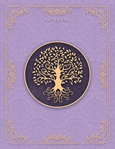 Notebook Golden Hand Drawn Tree Life Luxury Pattern Purple Mountain Majesty Background Cover Lined Journal: College Ruled 110 Pages - Large 8.5x11 inches (21.59 x 27.94 cm), A4 Size