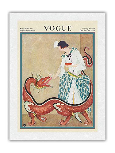 Pacifica Island Art Revista de Moda - Febrero 1923 - Mujer alimentando a un dragón Chino - Portada de Revista de George Wolfe Plank c.1923 - Impresión de Arte Papel Premium de Arroz Unryu 46x61cm