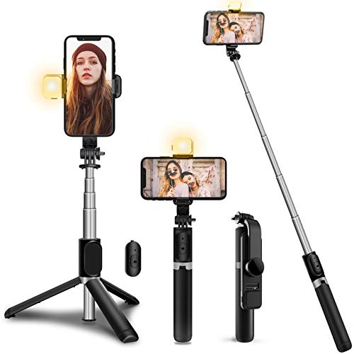 Palo Selfie Trípode con Luz (Modo de 3 Colores),JPARR 4 in 1 Extensible Bluetooth Selfie Stick con Inalámbrico Control Remoto Compatible con iPhone y Android para Selfies, Viajes, Maquillaje, Video
