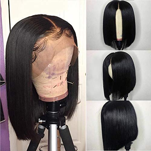 Riya Pelucas brasileñas de cabello humano virgen de 13 x 4 con encaje frontal, parte media recta y corta con pelo de bebé prearrancado para mujeres negras 150% de densidad (14 pulgadas, negro natural)