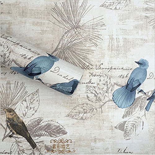 Rollo de papel de contacto en vinilo autoadhesivo, con diseño de pájaros azules, para decoración de paredes y armarios o manualidades, 45 cm x 10 m