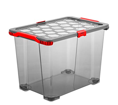 Rotho Evo Total Protection, Caja de almacenamiento 65l con tapa y ruedas, Plástico PP sin BPA, antracita, rojo, 65l 59.0 x 39.5 x 41.2 cm