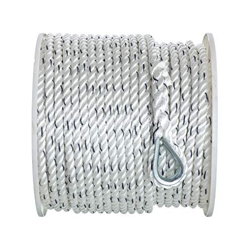 Seachoice 47781 Premium Anchor Rope for Boating - 3-Strand Twisted Nylon Anchor Line, ½-Inch x 250 Feet, White/Blue