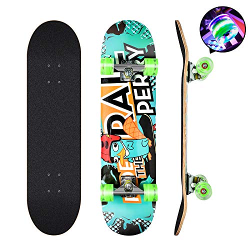 Skateboard, 78,7 cm x 20,3 cm Completo Skateboard, 9 capas de madera de arce canadiense Tabla con coloridas ruedas intermitentes para niños, adolescentes y adultos (verde)