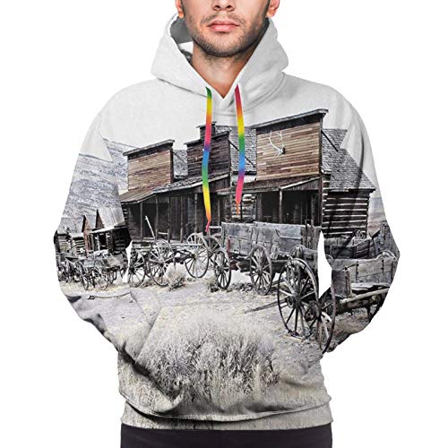 Vagón de Madera Old Ghost Town, Ruedas Antiguas para Hombre de Dibujos Animados Divertido gráfico Impreso Casual Halloween Sudaderas con Capucha L