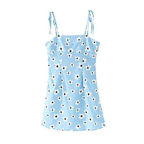 Verano Sexy Correa De Espagueti Vestido Azul Estampado Floral Una Línea De Playa Vestido De Las Mujeres Plisado Sin Respaldo Mini Vestido