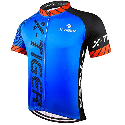 X-TIGER Camisetas de Ciclismo para Hombre, Camiseta Corta, Top de Ciclismo, Jerseys de Ciclismo, Ropa de Ciclismo, Mountain Bike/MTB Shirt (L, Negro/Azul)