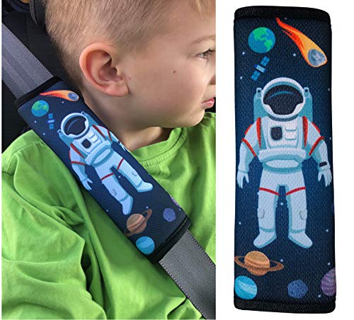 1x Protector para cinturón de seguridad HECKBO® con dibujos de astronauta y del espacio exterior, protector de hombros, almohadilla para el hombro, para bicicleta, para sillín de bicicleta para niños.