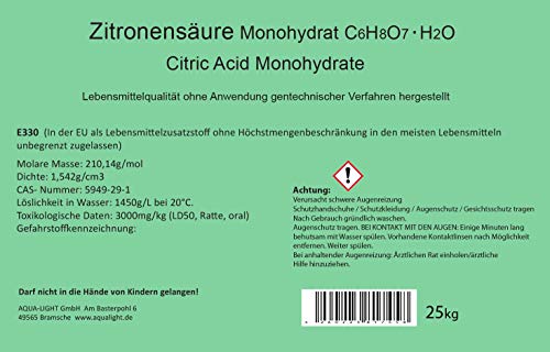 Ácido cítrico monohidrato E330 saco de 25 kg en calidad alimentaria FCC
