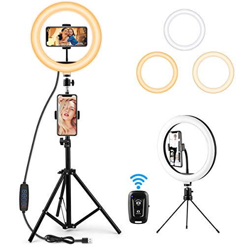 ANSODY Anillo de luz LED de 26 cm con trípode, 2 trípodes alternativos, 2 soportes para teléfono móvil con 3 colores y 10 niveles de brillo para maquillaje, Live Stream, YouTube, Tik Tok Vlog