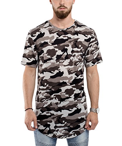 Blackskies Round Basic Longshirt | Long Oversize Fashion Long Sleeve Hombre T-Shirt Long tee - Camo Midnight Camouflage Large L