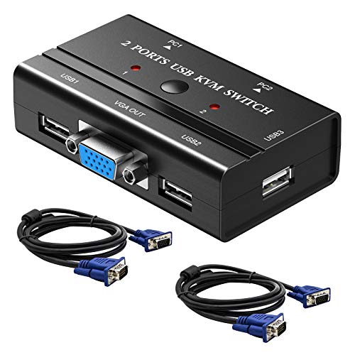 Conmutador KVM 2 Puertos, VGA USB Switch con 2 Cables KVM, Selector para Compartir un Monitor de Video de 1 Piezas y 3 Dispositivos USB, Teclado, Mouse, Escáner, Impresora