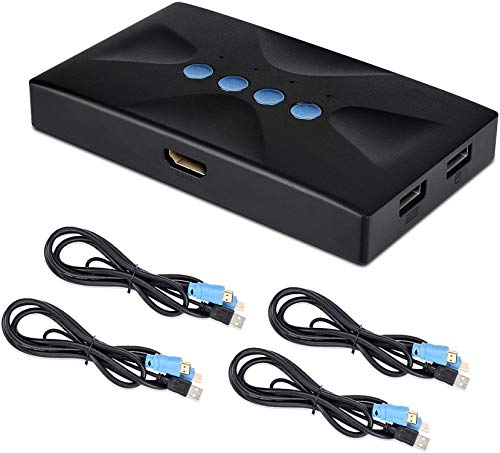 Conmutador KVM USB HDMI 4 Puertos con Cables, Selector Switch para 4 PC Compartir Video Monitor y Teclado, Ratón, Escáner, Impresora, HUD 3840x2160/ 4K×2K@30hz