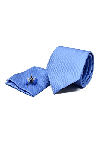 Corbata de hombre, Pañuelo de Bolsillo y Gemelos Azul Claro - 100% Seda - Clásico, Elegante y Moderno - (Caja y Conjunto de Regalo, ideal para una boda, con un traje, en la oficina...)