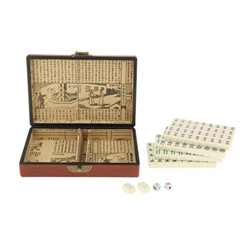dailymall Vintage Portátil Mahjong Rare Chinese 144 Tiles Mah-Jong Set con Caja de Cuero