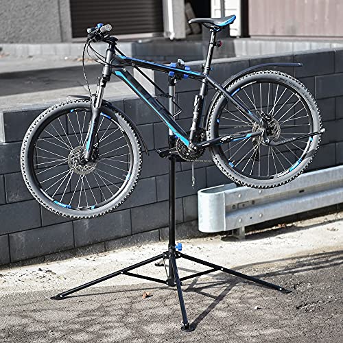 ECD Germany Soporte de Reparación de Bicicletas de Acero Caballete para Taller Giratorio 360° Altura Ajustable para Bici de hasta 50kg Base de Trípode de 4 Patas con Bandeja de Herramientas Magnética