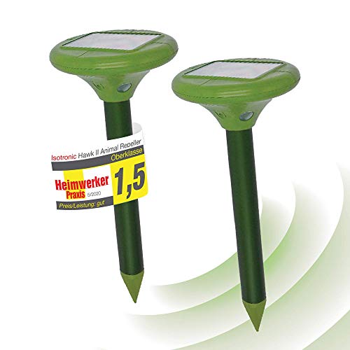 ISOTRONIC Ahuyentador ultrasónico contra topos, campañoles, ratones, hormigas y serpientes | Apto para jardines, campos, cultivos, campos de golf | Usa energía solar | Alcance de 1250 m2 | Set de 2