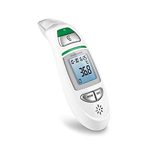 Medisana TM 750 termómetro clínico digital 6 en 1 termómetro de oído para bebés, niños y adultos, termómetro de frente con alarma visual de fiebre y función de memoria