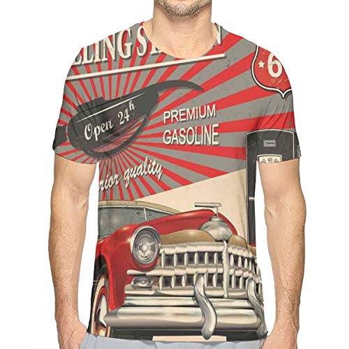Mens 3D Printed T Shirts,Poster Style Image of Gasoline Station Commercial Kitschy Element Route 66 Retro Print XL