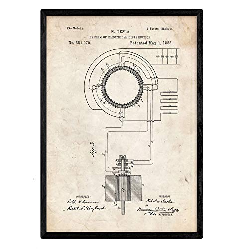 Nacnic Poster con Patente de Sistema de distribucion electrica. Lámina con diseño de Patente Antigua en tamaño A3 y con Fondo Vintage