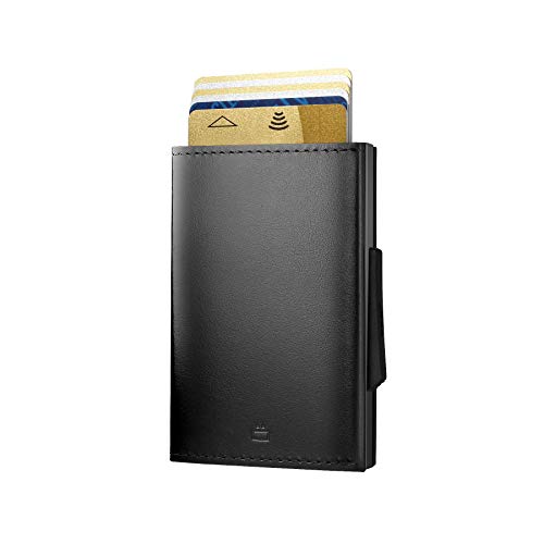 Ögon Smart Wallets - Cascade Slim Wallet - Cartera automática de aluminio y piel - Tarjetero RFID antirrobo - 8 tarjetas y billetes - Cuero Black / Aluminio Black