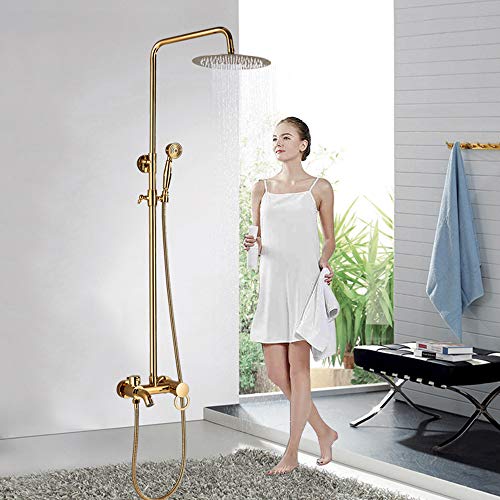 Onyzpily Golden Ducha Sistema de ducha con ducha de lluvia y alcachofa de ducha para cuarto de baño, juego de ducha con bañera para baño sin grifo, ducha cascada