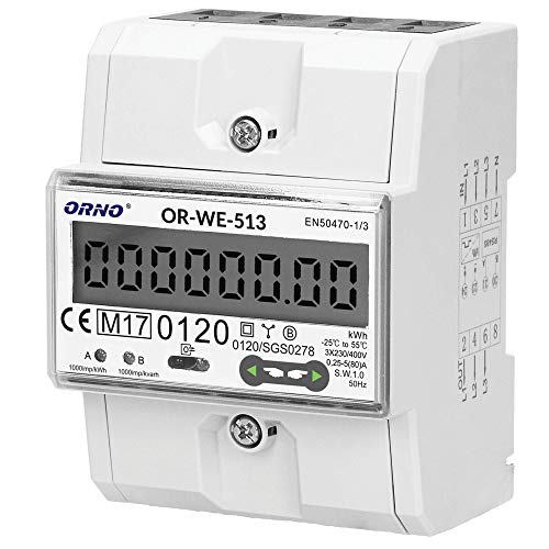 ORNO WE-513 Medidor De Consumo Electrico DIN carril para sistemas trifásicos con certificado MID, 0.25A - 80A.3 x 230V/400V, 50/60Hz, 1000 imp/kWh