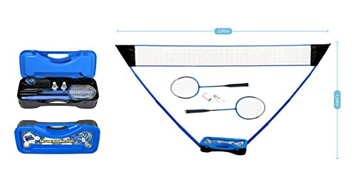 PLAY4FUN Badminton - Set completo con red, raquetas, volantes y funda de almacenamiento, 295 x 38 x 154 cm, color azul