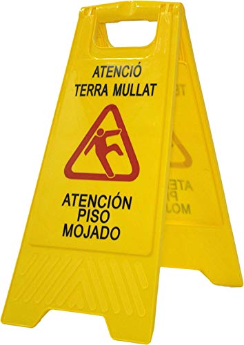 Señal Aviso profesional"Atenció terra mullat - Atención suelo mojado". En Català y Español. Alta visibilidad para evitar accidentes