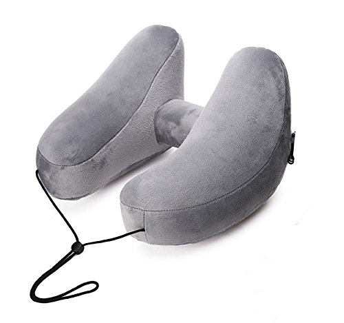 S.R HOME Almohada ergonómica y Suave de Viaje/Almohada Inflable para el Cuello, extraíble y Lavable, máscara para Dormir y Tapones para los oídos y Bolsa, cojín de Terciopelo Inflable (Gris)