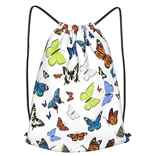 ZHIMI Mochila Con Cordones Unisex,A Collection Of Different Butterflies Flying And Seated Isolated On White,Bolso con Cordón Impermeable para Nadar/Surfear/Viajar/Hacer Senderismo/Yoga/Deportes