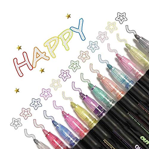 24Pcs Double Line Outline Marker Pens, 12 Colours Metallic Outline Markers Pens, Self-outline Metallic Markers Double Line Pen - for Gift Card Christmas Birthday Greeting Practice (24Pcs)