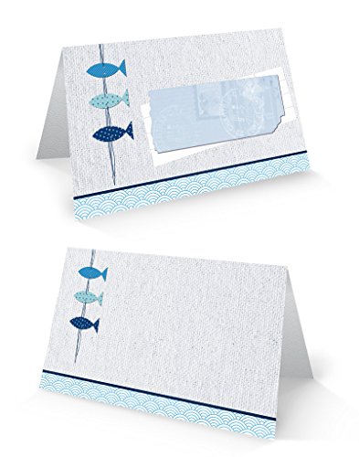 50 unidades pequeñas de color azul, blanco y turquesa, marítimo, 3 peces, tarjetas de mesa para bautizo, comunión, tarjetas de nombre, tarjetas de nombre, tarjetas para nombre, tarjetas para escribir con cualquier rotulador