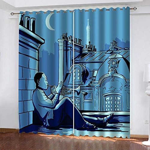 Ahooseso® Hombre Tocando La Trompeta En La Calle 3D Ventana Impresa Blackout Cortina De La Cortina Decorativa Tapicería para La Sala De Estar del Dormitorio 160 (Ancho) X130 (Alto) Cm -Cortinas De Oj