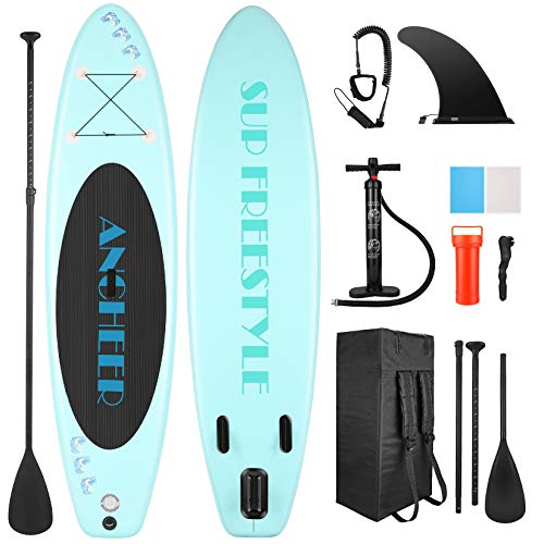 ANCHEER Stand Up Paddle Board Inflable, iSUP liviano con 3 Aletas, Bolsa de Transporte y Accesorios, Paleta Flotante Adj, Correa para el Tobillo y Bomba de Doble acción + Sup Kit con Remo de Aluminio