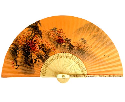 Antique Alive Paper Fan Pintura de Escena Plegable Pintada a Mano en terrenos Amarillos teñidos Coreanos de arroz Papel de bambú Arte Mano Decorativo Ventilador