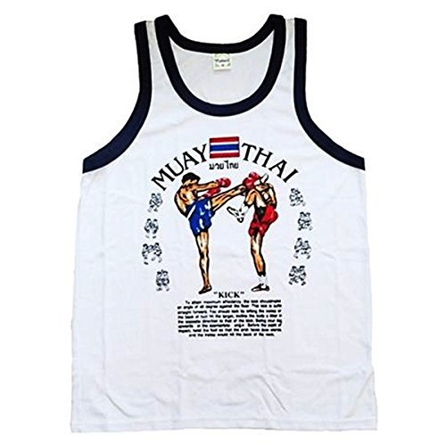AuthenticAsia, camiseta sin mangas para hombre con diseño de boxeo tailandés, 100 % algodón, hecha en Tailandia, blanco