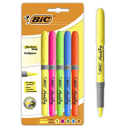BIC Highlighter Grip – Marcador fluorescente de bolsillo, varios colores (Pack de 5)