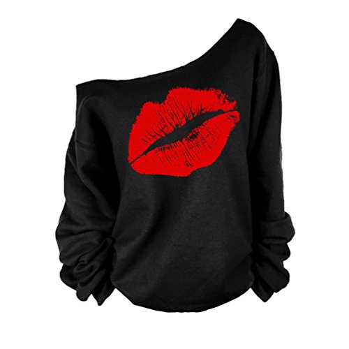 Cerui Mujeres Camisetas Sweatshirt Fuera del Hombro Manga Larga Sudaderas Tamaño XL Rojo Negro