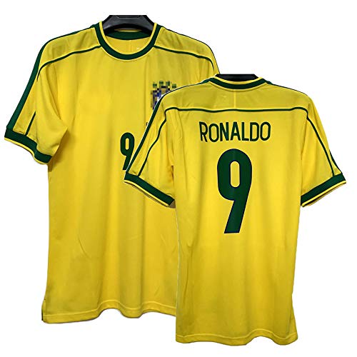 CWWAP Camiseta Retro de fútbol 1998 Brasil Copa del Mundo Jersey Home # 9 Ronaldo # 6 R.Carlos Soccer Jersey, Versión de fanáticos de la Sudadera de fútbol #9-XL